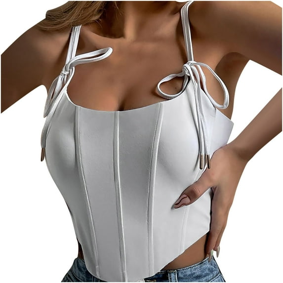 Summer Crop Tops for Women Sleeveless Tie Spaghetti Straps Corset Tops Solid Color Casual Club Camisole Tank Tops