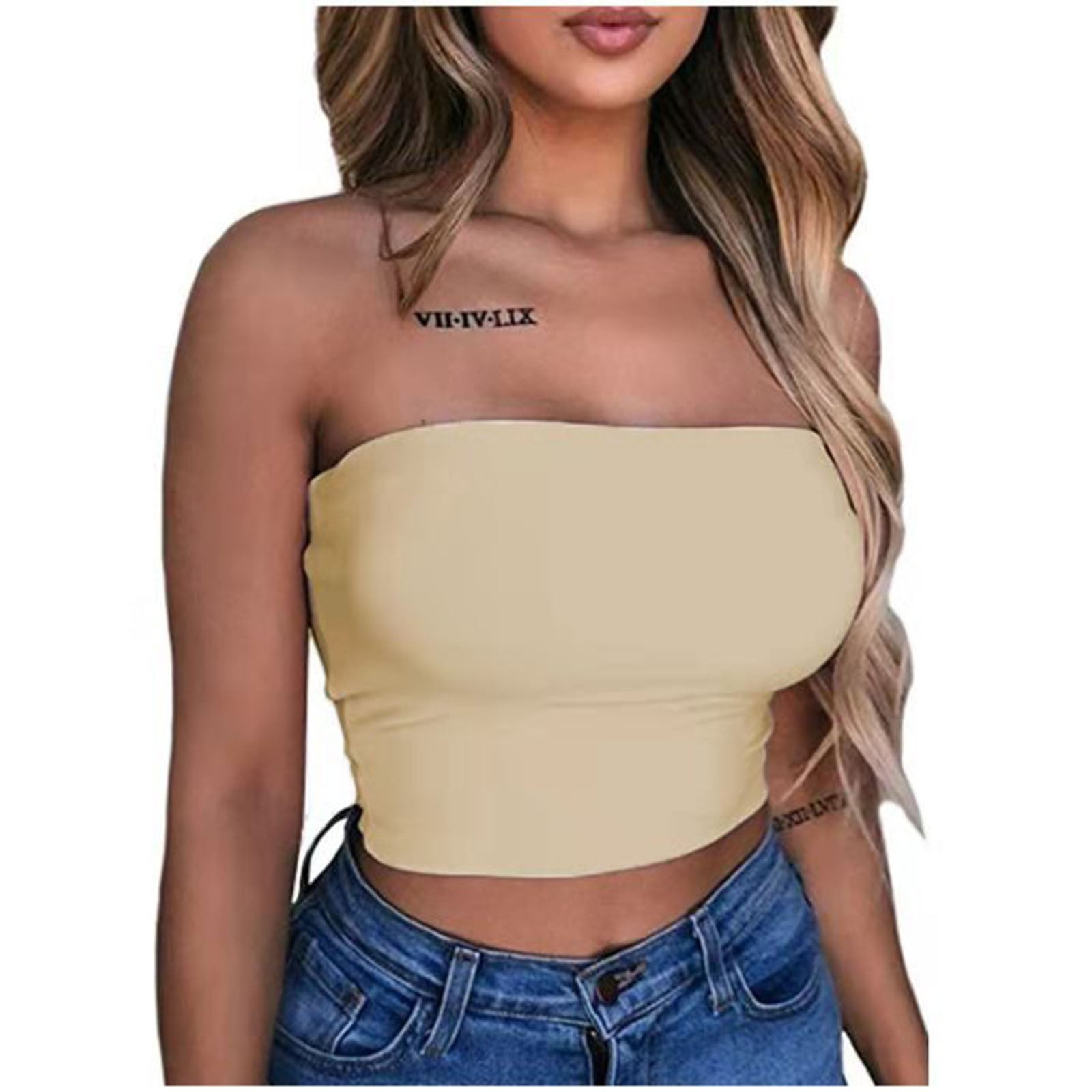 Women's & Juniors Cropped Strapless Built-in Bra Cute Sexy Cotton Tube Tops  