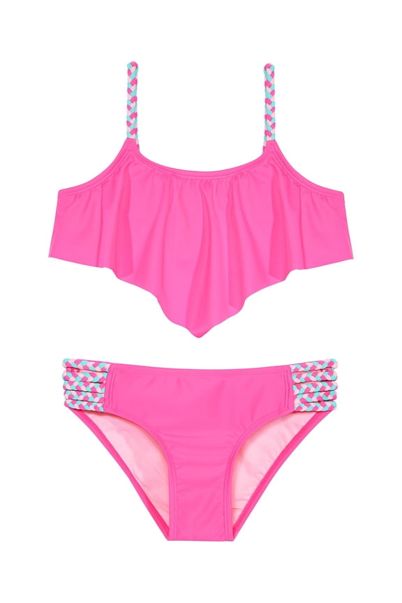 Girl's Two-piece Bikini Ruffled Top Brightly Braided Accents