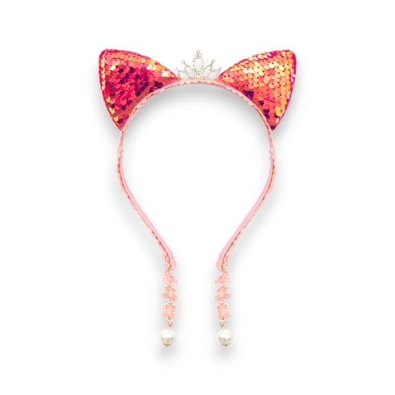 Summer Crystal - Small Sequin Cat Ears Headband with Pearl Earring Pendants for Girls - 1 Pack