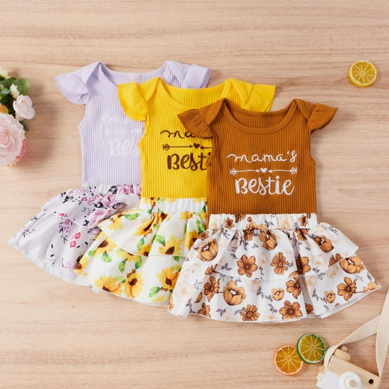 Summer Cute Baby Girl Clothes Outfits Infant Simple Design Round Neck Cotton Short Sleeve Printed Short Skirt Two Piece Set 0 24Months Baby Clothing W 3 Colors Walmart