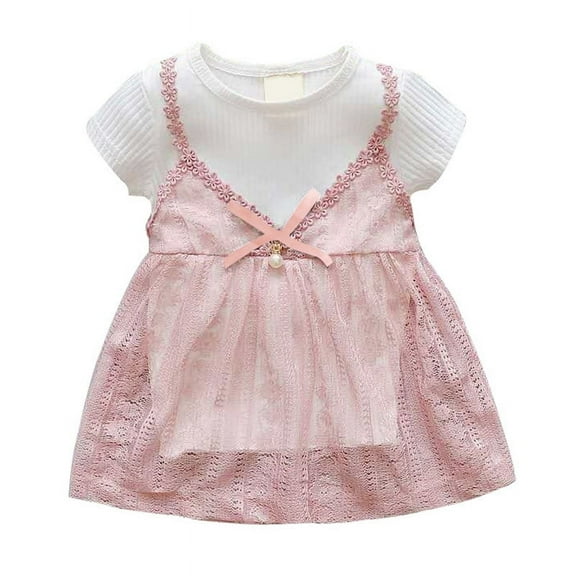 Summer Cute Baby Girl Princess Lace Soft Short Sleeve Tutu Dress Fake 2 Piece Sundress Outfit