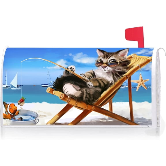 Summer Cute Cat Kitty Fishing Tropical Beach Sea Decoration Mailbox Cover with Magnetic Strip Mailbox Wraps Post Letter Box Cover Standard Size 21" X 18" for Garden Outdoor Yard Decor