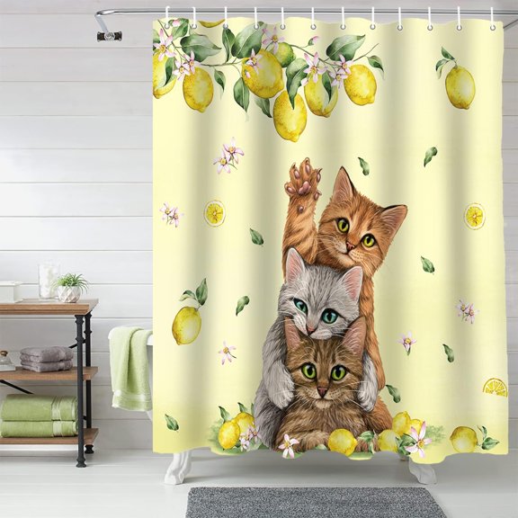 Summer Cute Cats Shower Curtain, Tropical Lemon Shower Curtain Set with Hooks, Spring Summer Waterproof Fabric Shower Curtains for Bathroom Decor, 72x84 Inch Bath Curtain