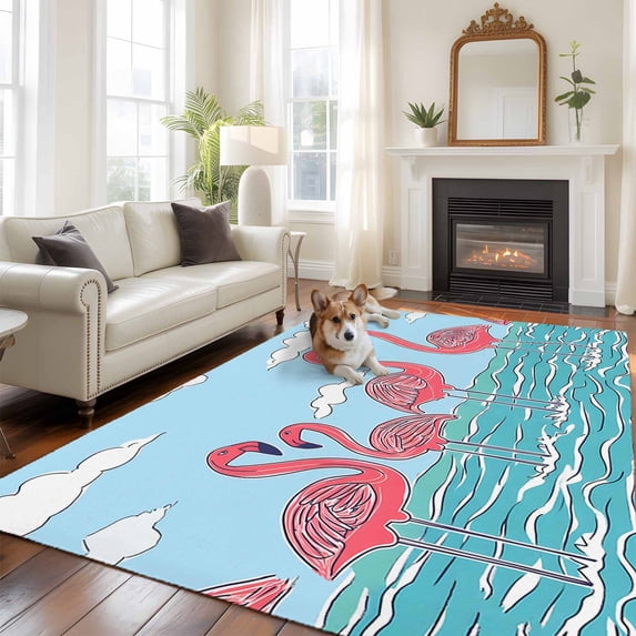 Summer Cute Flamingo Area Rug 5x7 FT, Non Slip Bedroom Throw Carpet, Cartoon Animal Cloud Blue Sky Washable Soft Floor Carpet Non-Shedding Rug for Dining Room Bedside Classroom Desk