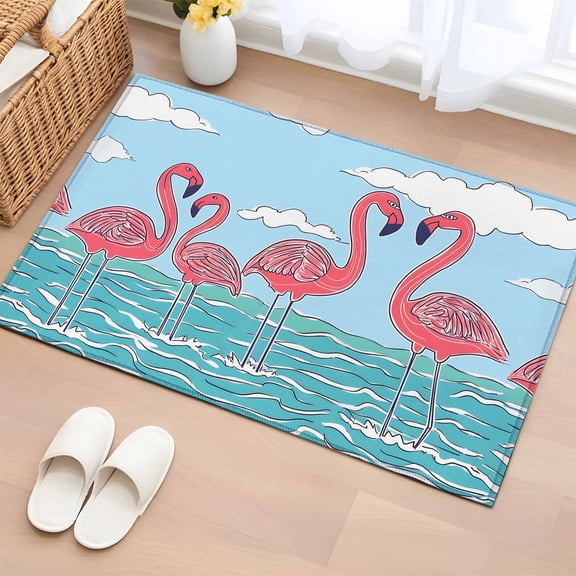 Summer Cute Flamingo Bathroom Mats 2x3 FT, Non Slip Small Kitchen Mat, Cartoon Animal Cloud Blue Sky Washable Soft Backed Front Door Throw Rugs Non-Shedding Indoor Outdoor Doormat for Entryway Sink