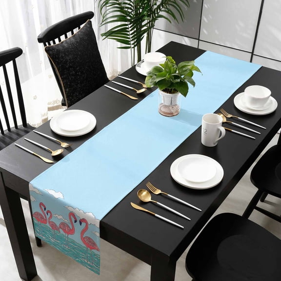 Summer Cute Flamingo Cotton Linen Long Table Runner 13 x 108 inch Cartoon Animal Cloud Blue Sky Non-slip Rectangular Dining Table Decor for Wedding Party Holiday Dinner