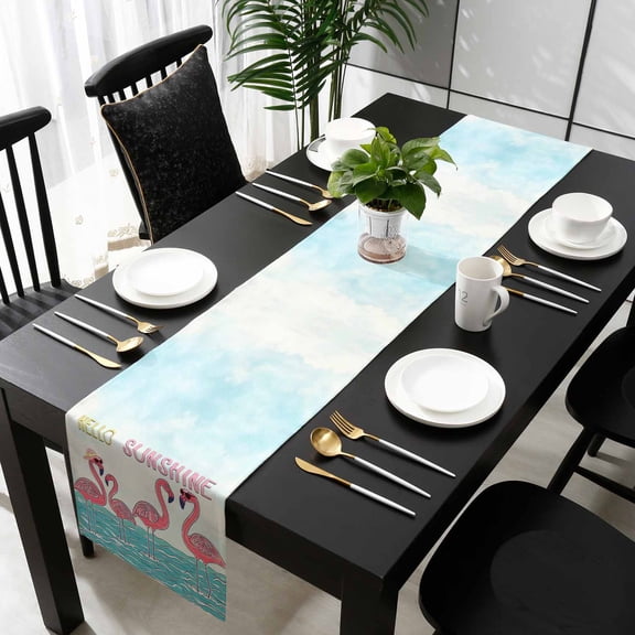 Summer Cute Flamingo Cotton Linen Table Extra Long Runner 13 x 120 inch Cartoon Animal Hello Sunshine Non-slip Rectangular Dining Table Decor for Wedding Party Holiday Dinner