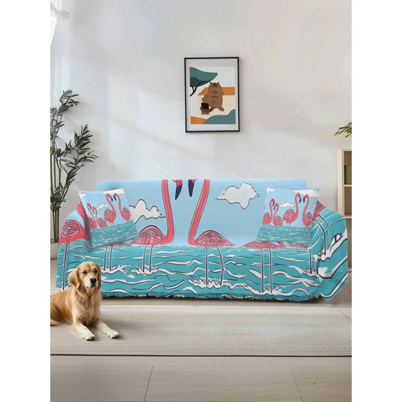 Summer Cute Flamingo Couch Cover, Cartoon Animal Cloud Blue Sky Oversized Sofa Cover Blanket for 3 Cushion Couch,Sectional Sofa Slipcover Furniture Protector for Living Room Bedroom 71''x150''