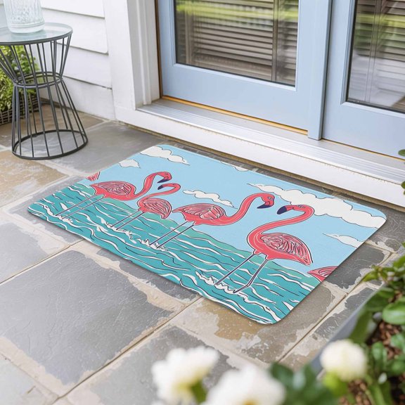 Summer Cute Flamingo Door Mat Indoor Outdoor, Cartoon Animal Cloud Blue Sky Non Slip Welcome Mat with Rubber Backing, Absorbent Fabric Front Door Mats Entryway Rug for Home Patio Entrance 16"x24"