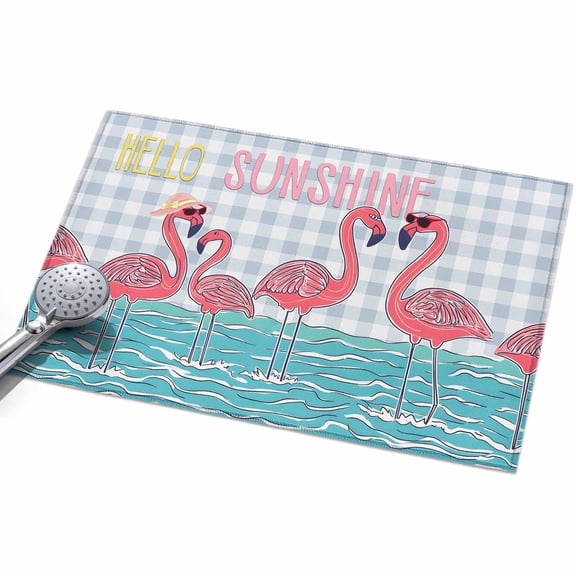 Summer Cute Flamingo Entryway Rug 2x3ft Washable Non Slip Bathroom Rug Low Pile Indoor Floor Front Door Mat Cartoon Animal Grey Check Plaid Rectangle Area Rugs Carpet for Kitchen Office Dining Room