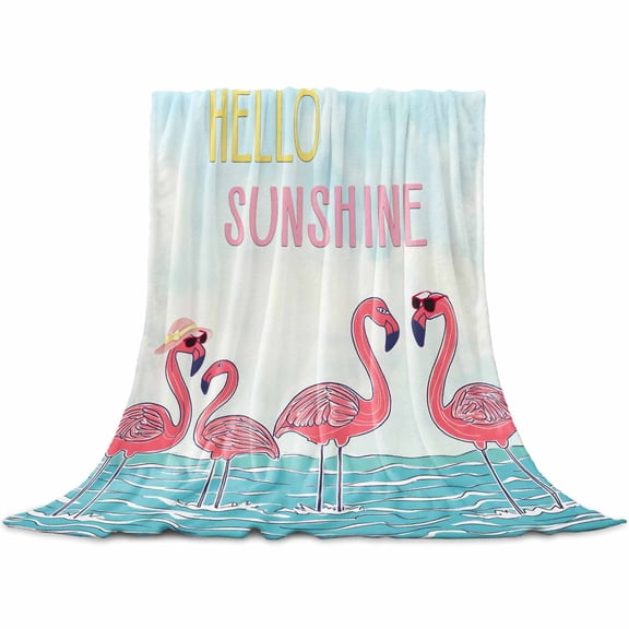 Summer Cute Flamingo Flannel Blanket for Bed, Cartoon Animal Hello Sunshine Soft Cozy Warm Couch Throw Blanket, Lightweight Fluffy Plush Bedding Blankets for Sofa Decor All Season 50"x60"