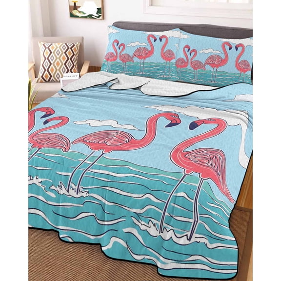 Summer Cute Flamingo Full Size Down Alternative Comforter, Lightweight Comforter Quilt Bedding Set with Pillow Shams Cartoon Animal Cloud Blue Sky All Seasons Bed Comforter Duvet Insert 78"x90"