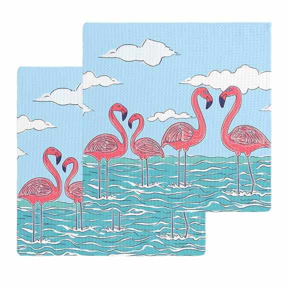 Summer Cute Flamingo Kitchen Dish Towels for Drying Dishes Set of 2, Cartoon Animal Cloud Blue Sky Waffle Weave Microfiber Hand Tea Bathroom Towels Quick Dry & Absorbent Towel 12x12
