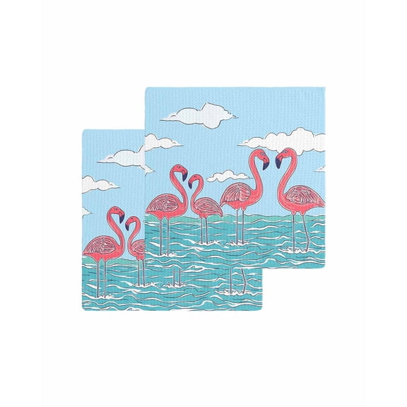 Summer Cute Flamingo Kitchen Dish Towels for Drying Dishes Set of 2, Cartoon Animal Cloud Blue Sky Waffle Weave Microfiber Terry Hand Tea Bathroom Towels Quick Dry & Absorbent Towel 12x12