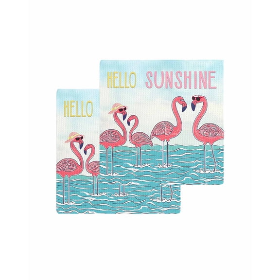 Summer Cute Flamingo Kitchen Dish Towels for Drying Dishes Set of 2, Cartoon Animal Hello Sunshine Waffle Weave Microfiber Terry Hand Tea Bathroom Towels Quick Dry & Absorbent Towel 12x12