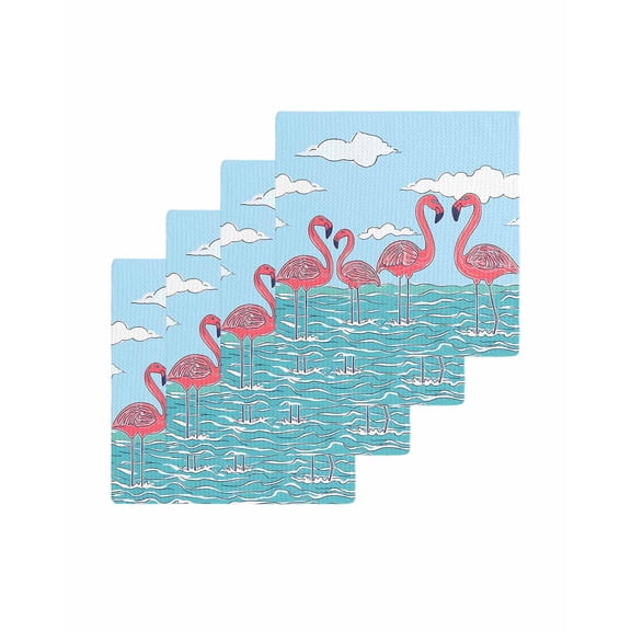 Summer Cute Flamingo Kitchen Dish Towels for Drying Dishes Set of 4, Cartoon Animal Cloud Blue Sky Waffle Weave Microfiber Terry Hand Tea Bathroom Towels Quick Dry & Absorbent Towel 12x12