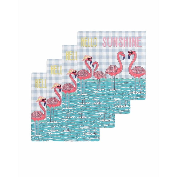 Summer Cute Flamingo Kitchen Dish Towels for Drying Dishes Set of 4, Cartoon Animal Grey Check Plaid Waffle Weave Microfiber Terry Hand Tea Bathroom Towels Quick Dry & Absorbent Towel 12x12