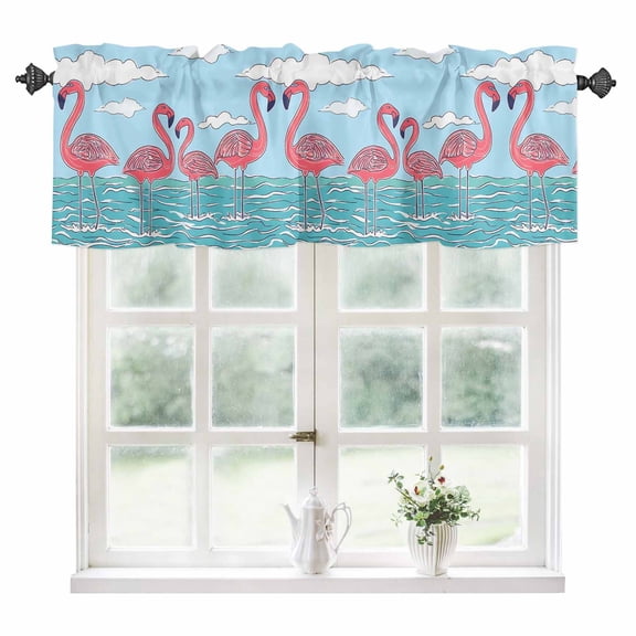 Summer Cute Flamingo Kitchen Valances for Windows 42x12 Inch Kitchen Curtains Valances Rod Pocket Cartoon Animal Cloud Blue Sky Bathroom Window Valances for Window Treatment Decor