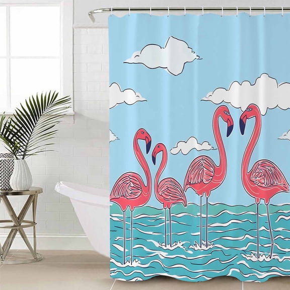 Summer Cute Flamingo Long Shower Curtain Set, Waterproof Shower Curtains for Bathroom, Cartoon Animal Cloud Blue Sky Washable Fabric Cloth Bath Curtain for Bathtub Decoration with Hooks 72x84 Inches