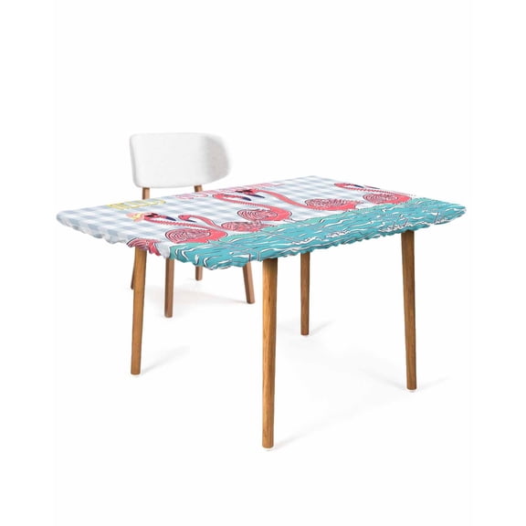 Summer Cute Flamingo Rectangle Tablecloth, Waterproof Elastic Fitted Table Covers for 3 Foot Tables, 24x36inch Decorative Tablecloths for Picnic, Camping, Outdoor, Cartoon Animal Grey Check Plaid