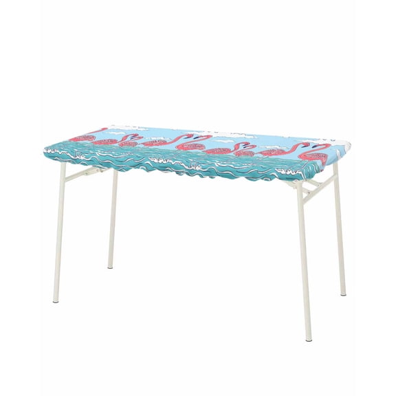 Summer Cute Flamingo Rectangle Tablecloth, Waterproof Elastic Fitted Table Covers for 8 Foot Tables, 32x96inch Decorative Tablecloths for Picnic, Camping, Outdoor, Cartoon Animal Cloud Blue Sky