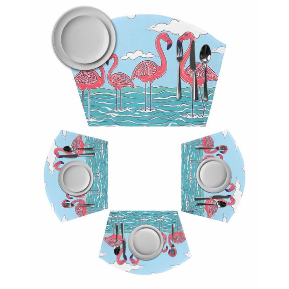 Summer Cute Flamingo Round Table Placemats Set of 6 Wedge Placemats, Cartoon Animal Cloud Blue Sky Place Mats for Dining Table Set Washable Mats Kitchen Decor for Indoor Outdoor Wipe Clean