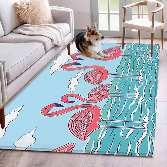 Summer Cute Flamingo Runner Rug 2.7x5 FT, Non Slip Entryway Carpet, Cartoon Animal Cloud Blue Sky Washable Soft Floor Carpet Entrance Mat Non-Shedding Throw Rug for Hallway Laundry Room Bedside