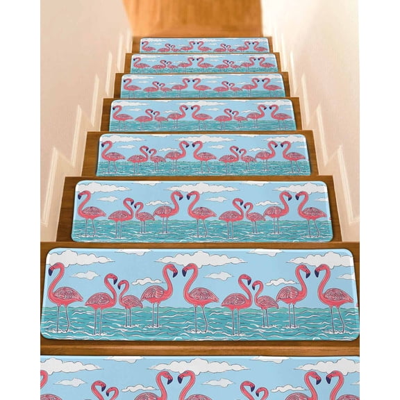 Summer Cute Flamingo Stair Treads for Wooden Steps Indoor Runner Rug Carpet, Cartoon Animal Cloud Blue Sky 4 Pieces Peel and Stick Staircase Step Treads Covers Washable Throw Door Mats, 30"x8"