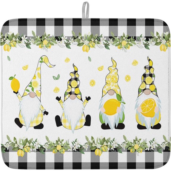 Summer Cute Lemon Gnome Dish Drying Mats for Kitchen Counter,Black White Plaid Microfiber Absorbent Dish Drainer/Rack Mat, Hangding Quick Drying kitchen Drying Mat,18x24inch Machine Washable