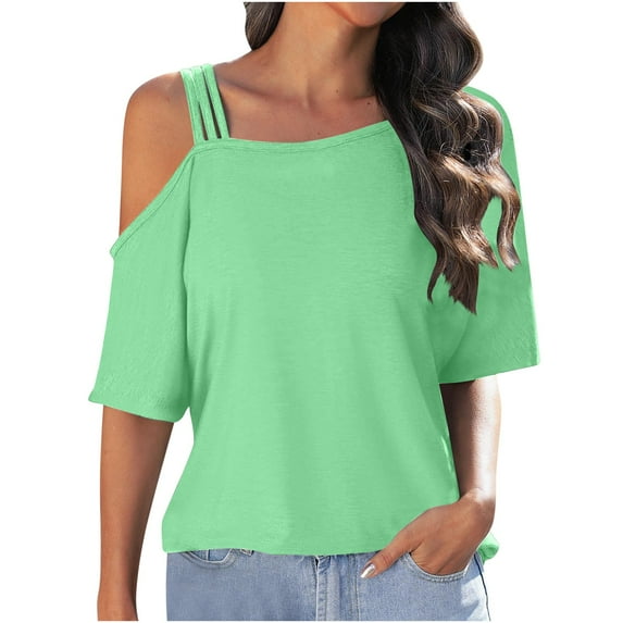 Summer Cute Tops Womens Hollow Straps One Cold Shoulder Sexy Tops Dressy Casual T Shirts Short Sleeve Loose Fit (Medium, Green)