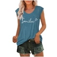 thumbnail image 1 of Summer Cute Tops for Women Trendy with Letter Print Casual Loose Fit Cap Sleeve Tanks Crew Neck Tees (S, Blue), 1 of 4