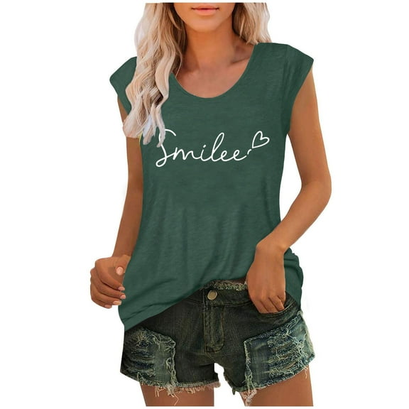 Summer Cute Tops for Women Trendy with Letter Print Casual Loose Fit Cap Sleeve Tanks Crew Neck Tees (S, Green)