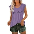 thumbnail image 1 of Summer Cute Tops for Women Trendy with Letter Print Casual Loose Fit Cap Sleeve Tanks Crew Neck Tees (XL, Purple), 1 of 5