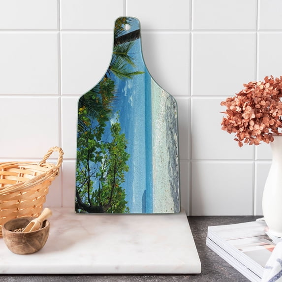 Summer Cutting Board, Tropical Beach Ocean Behind Palm Tree Caribbean Exotic Holiday Image, Decorative Tempered Glass Cutting and Serving Board, Wine Bottle Shape, Fern Green Sky Blue, by Ambesonne