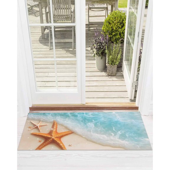 Summer Cyan Front Door Mat Teal Beach Scenery Seaside Starfish Coastal Welcome Doormat Indoor Outdoor Entrance Floor Mat Non-Slip Washable Runner Rug for Front Porch Decor 18x60 Inch