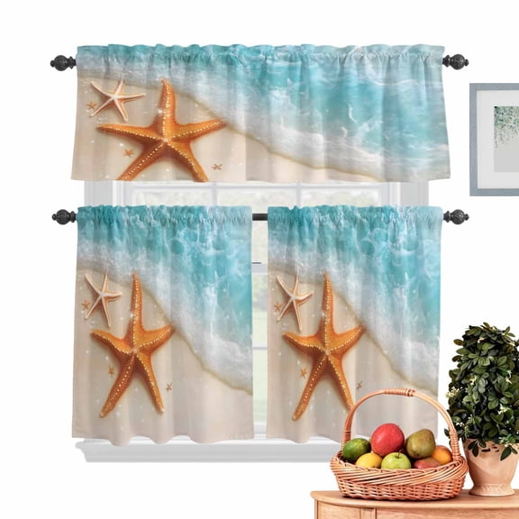 Summer Cyan Kitchen Curtains Valances 3 Piece Set, Teal Beach Scenery Seaside Starfish Coastal Rod Pocket Tier Curtain and Valance Drapes for Small Window 24 Inch Length for Bedroom Cafe
