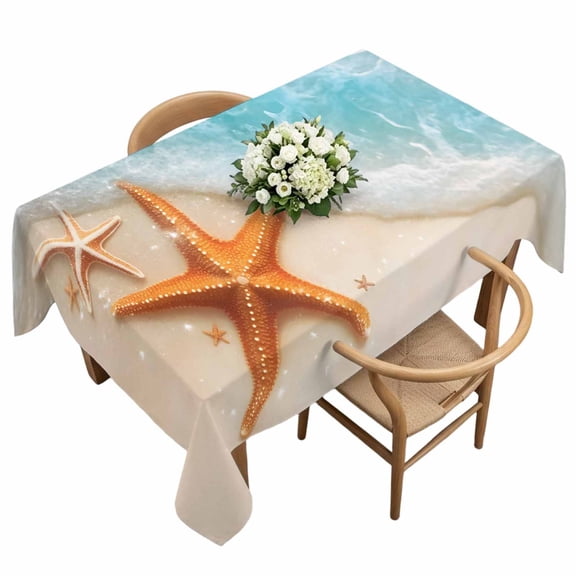 Summer Cyan Rectangle Tablecloth Teal Beach Scenery Seaside Starfish Coastal Waterproof Wrinkle Free Soft Table Cloth Spill-Proof Washable Table Cover for Dining Party Picnic 60 x 120 Inch