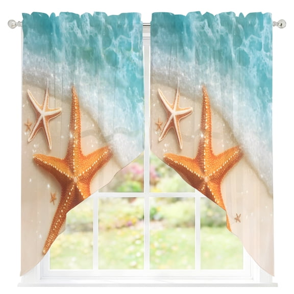 Summer Cyan Sheer Curtains Swag Valances for Windows Teal Beach Scenery Seaside Starfish Coastal Rod Pocket Swag Curtain Small Window Curtain for Kitchen Living Room Bedroom, 1 Pair 36"W x 36"L