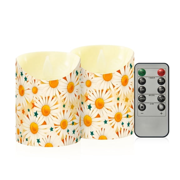 Summer Daisies Flickering Flameless Candles with Remote Timer Battery Operated LED Tealight Set of 2 S