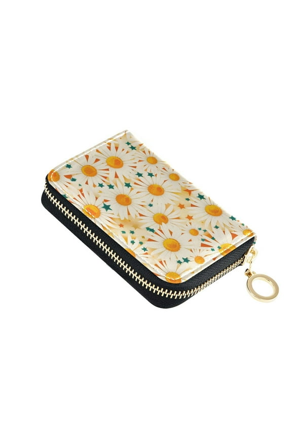 Summer Daisies Women's Credit Card Holder PU Leather Zipper Wallet RFID Blocking
