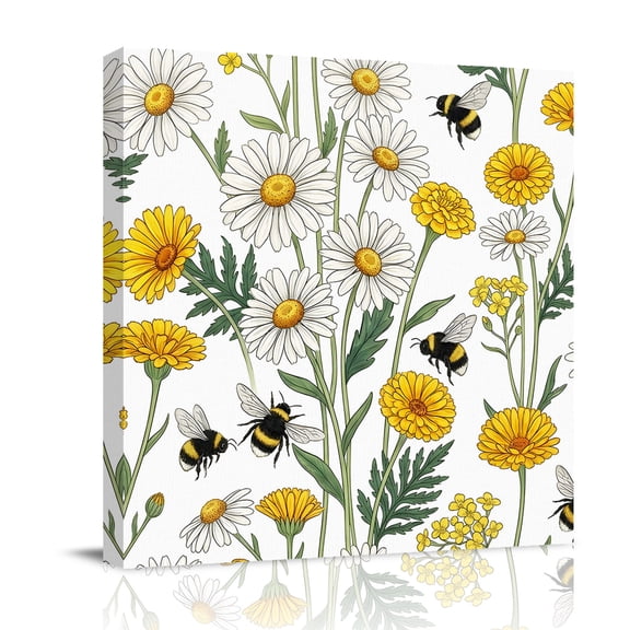 Summer Daisy Canvas Wall Art for Living Room, White Yellow Flower Bee Pastoral Floral Leaves Poster Print Painting for Bedroom Office Home Decoration Wall Pictures Prepare To Hang 10"x10"
