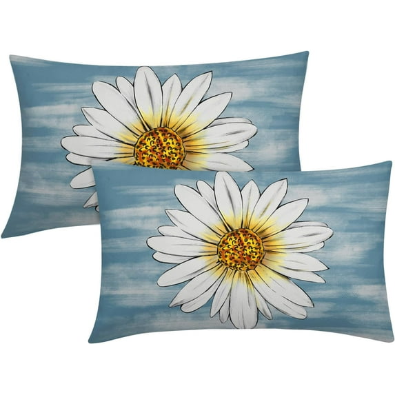 Summer Daisy Floral Lumbar Pillow Covers 12X20 Inch Set of 2 White Petal Flower Bloom Decorative Pillow Cases Blue Seasonal Cushion Case Farmhouse Home Decor for Sofa Couch Porch Outdoor
