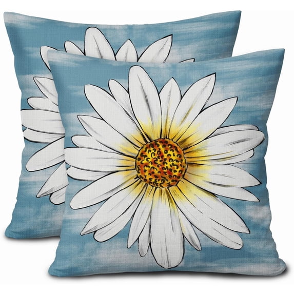 Summer Daisy Floral Pillow Covers 18X18 Inch Set of 2 White Petal Flower Bloom Decorative Pillow Cases Blue Seasonal Cotton Linen Cushion Case Farmhouse Home Decor for Sofa Couch Porch Outdoor
