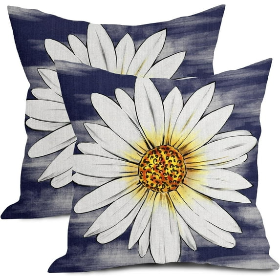 Summer Daisy Floral Pillow Covers 18X18 Inch Set of 2 White Petal Flower Bloom Decorative Pillow Cases Navy Blue Seasonal Cotton Linen Cushion Case Farmhouse Home Decor for Sofa Couch Porch Outdoor