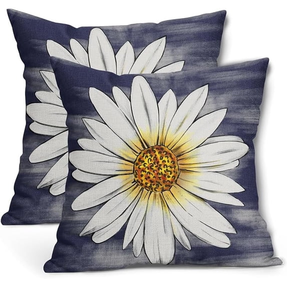 Summer Daisy Floral Pillow Covers 20X20 Inch Set of 2 White Petal Flower Bloom Decorative Pillow Cases Navy Blue Seasonal Cotton Linen Cushion Case Farmhouse Home Decor for Sofa Couch Porch Outdoor