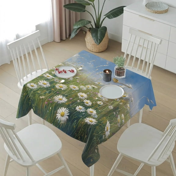 Summer Daisy Flower Grass Table Cloth 54x54in, Waterproof Square Tablecloth Wipeable Tablecloths Blue Sky Oil Painting Style Table Covers for Dining Tables Party Indoor Outdoor
