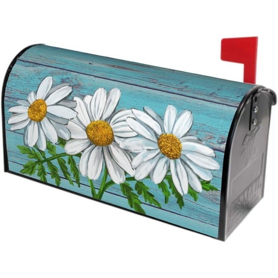 Summer Daisy Flowers Mailbox Cover Vintage Spring Floral Magnetic Mailbox Covers Teal Old Wood Board Mailbox Decals Large Post Letter Box Covers Garden Yard Decor for Outside 25.5 x 21 Inch