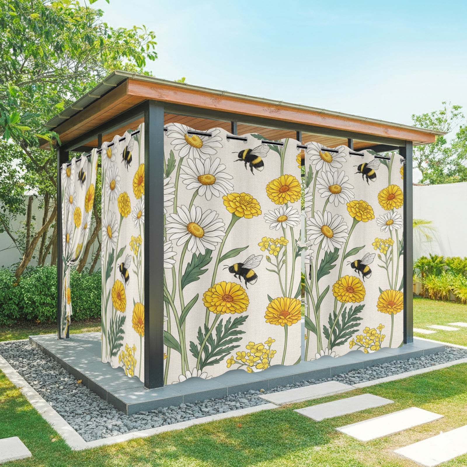 Summer Daisy Outdoor Curtains for Patio, Rustic White Yellow Flower Bee Pastoral Floral Sunshade Privacy Drapes Grommet Waterproof Outside Curtains for Porch/Cabana/Balcony 54"x 108", 2 Panel