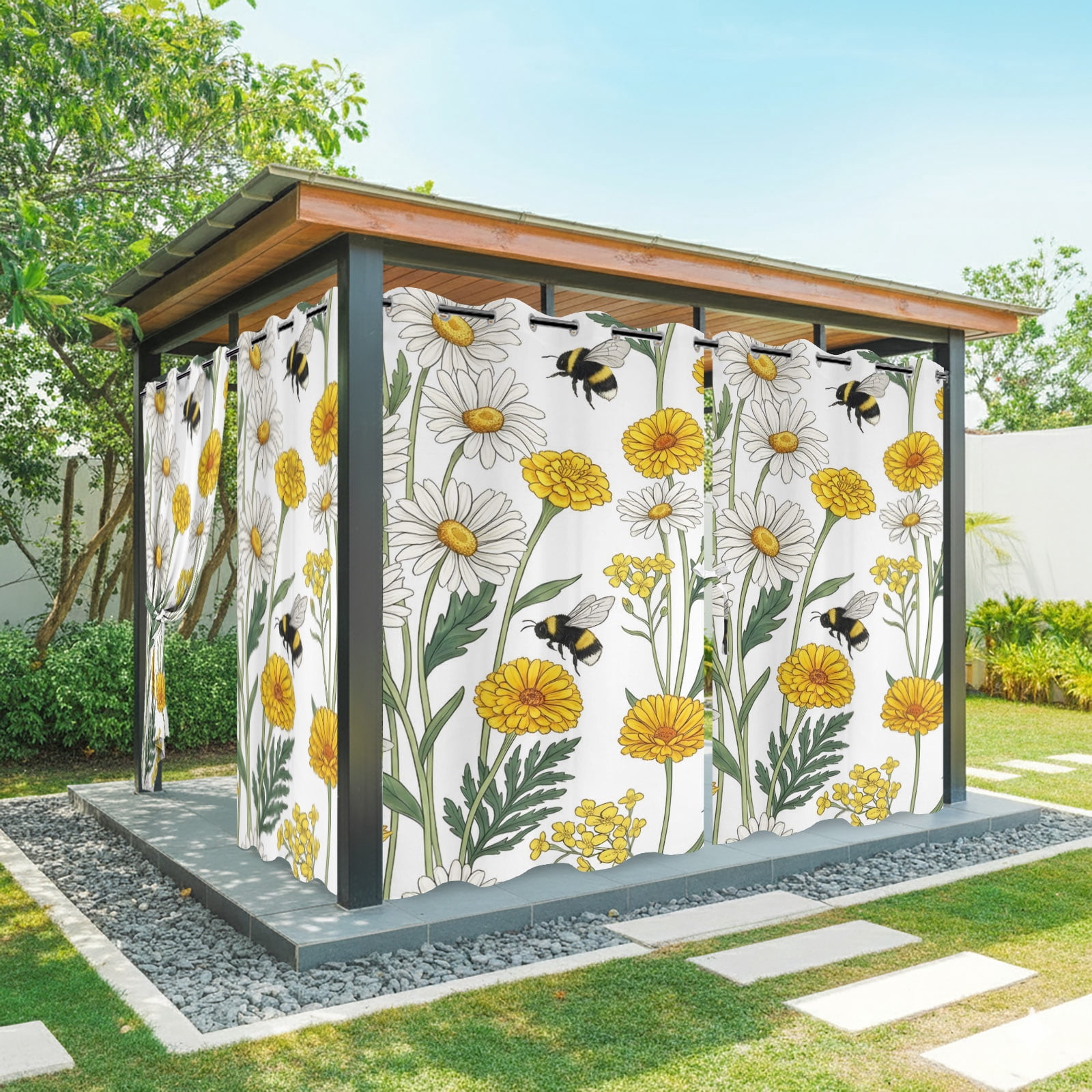 Summer Daisy Outdoor Curtains for Patio, White Yellow Flower Bee Pastoral Floral Leaves Sunshade Privacy Drapes Grommet Waterproof Outside Curtains for Porch/Cabana/Balcony 54"x 84", 1 Panel